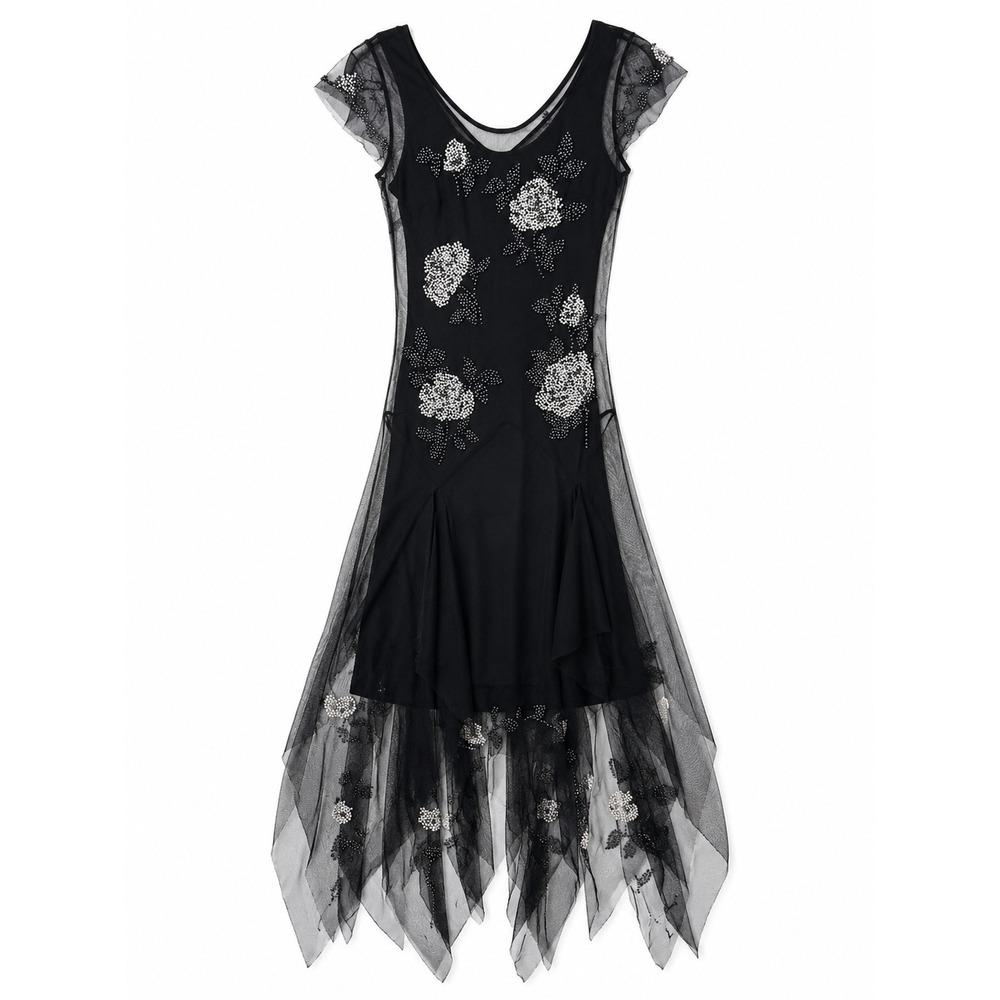 Lillie Rubin Vintage Beaded Mesh Floral Handkerchief Hem Dress Black Sz 4 Fairy
